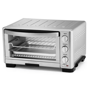 A stainless steel toaster oven with multiple control knobs for functions, temperature, toast shade, and start/stop.