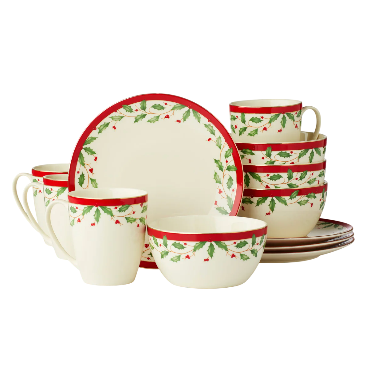 Set of holiday-themed dinnerware featuring plates, bowls, and mugs decorated with holly and berries, accented with red borders.