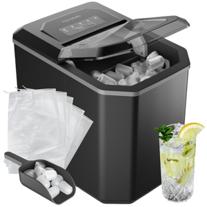 A compact countertop ice maker with a scoop, ice cubes, and ice storage bags, alongside a glass of ice-filled beverage garnished with mint and lemon.