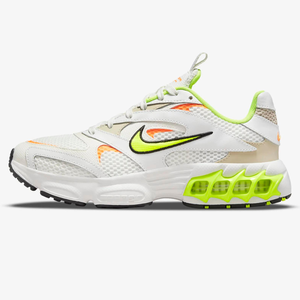 White Nike Zoom Air Fire shoes with neon green accents, orange swoosh logos, and distinctive chunky air cushioning in the heels.