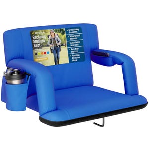 Blue reclining stadium seat with adjustable armrests, foldable bleacher hook, anti-slip bottom, cup holder, and six reclining positions. Made from waterproof material and available in different colors.