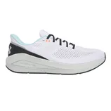 Under Armour running shoe featuring a white mesh upper, black accents, light blue lining, and a cushioned midsole labeled \“HOVR\“.