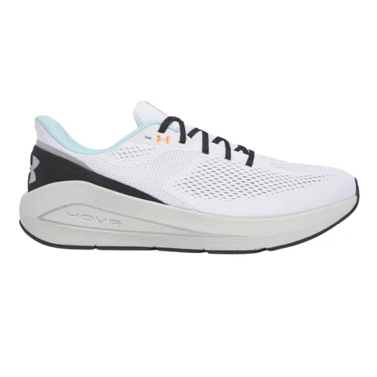 Under Armour running shoe featuring a white mesh upper, black accents, light blue lining, and a cushioned midsole labeled \“HOVR\“.