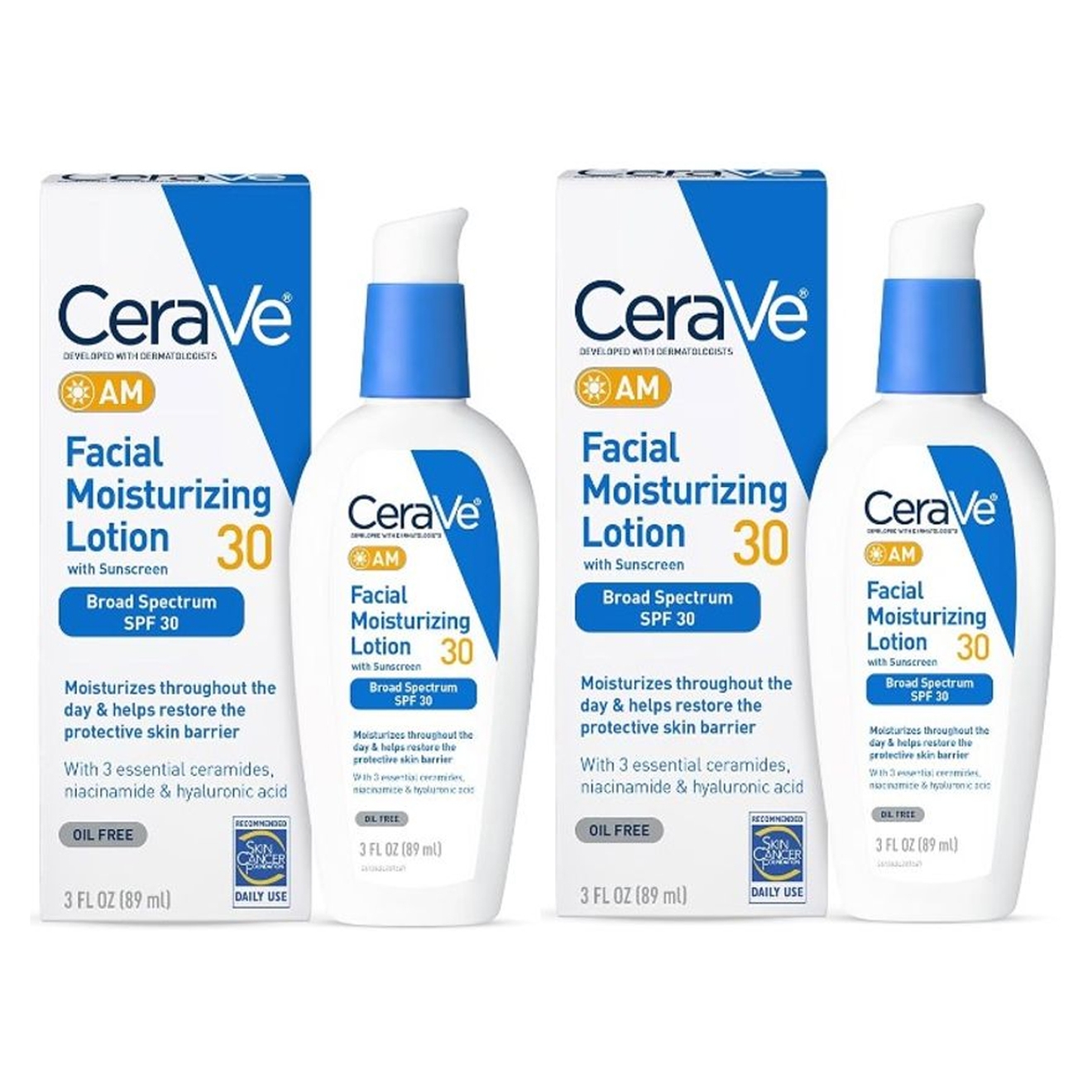 CeraVe AM Facial Moisturizing Lotion with SPF 30 is an oil-free daily moisturizer that provides broad-spectrum sun protection. It contains ceramides, niacinamide, and hyaluronic acid and comes in a 2-pack of 3 fl oz (89 ml) each.