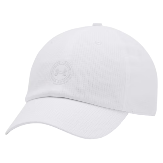 White baseball cap with tonal logo embroidery on the front and a curved visor.