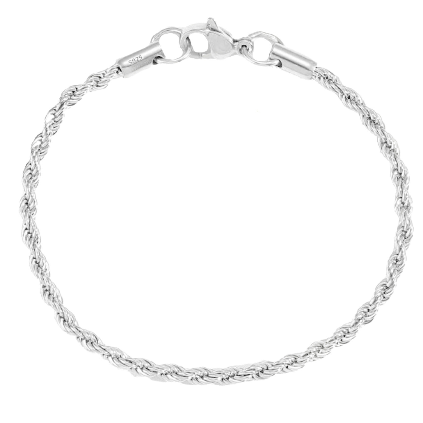 A 7-inch sterling silver rope chain bracelet featuring a lobster clasp, marked with \“925\“ to signify its silver purity.