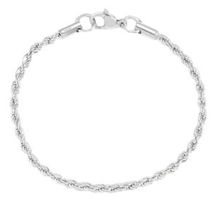 A 7-inch sterling silver rope chain bracelet featuring a lobster clasp, marked with \“925\“ to signify its silver purity.