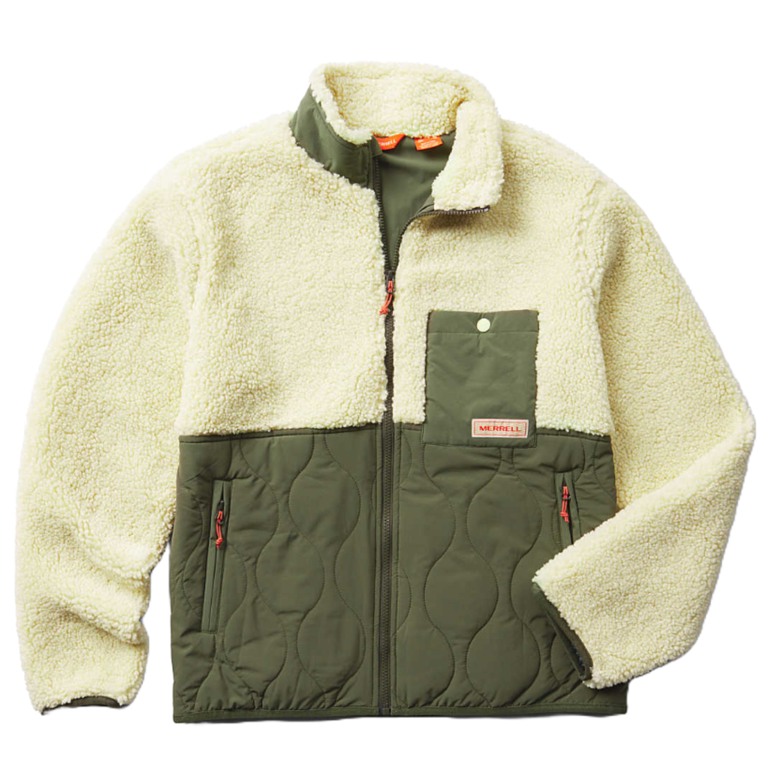 Merrell Sherpa Mixup Jacket features a cream-colored sherpa fleece upper and an olive green quilted lower section with zippered pockets and a chest snap pocket. It has a front zipper closure and a small Merrell logo patch.