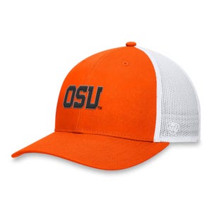 Orange and white mesh baseball cap with \“OSU\“ logo on the front.