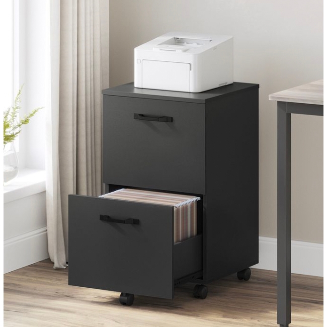 A black two-drawer filing cabinet on wheels with a white printer on top. The bottom drawer is open, showing hanging file folders.
