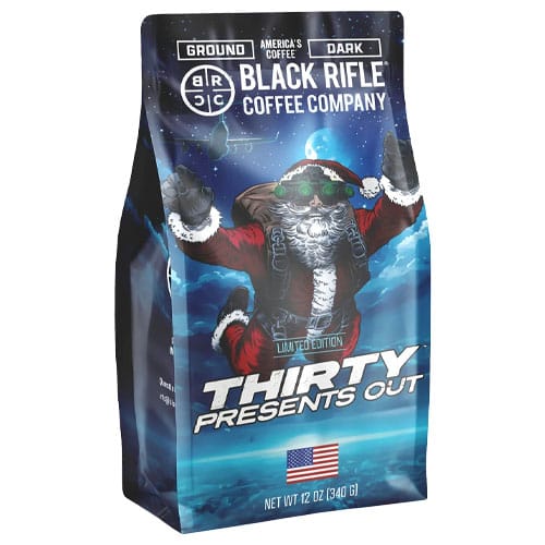 Black Rifle Coffee Company Thirty Presents Out, a limited edition dark roast ground coffee, 12 oz (340 g), featuring a Santa-themed packaging with an American flag graphic.