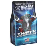 Black Rifle Coffee Company Thirty Presents Out, a limited edition dark roast ground coffee, 12 oz (340 g), featuring a Santa-themed packaging with an American flag graphic.