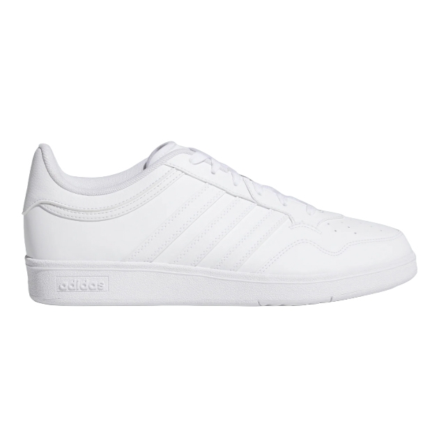 All-white Adidas sneaker featuring the iconic three stripes and a branded sole.