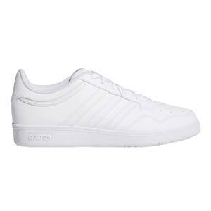 All-white Adidas sneaker featuring the iconic three stripes and a branded sole.