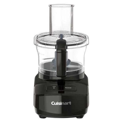Cuisinart food processor with a black base, clear bowl, and a feed tube lid. Features an \“On\“ and \“Pulse\“ button.