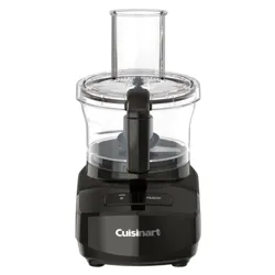 Cuisinart food processor with a black base, clear bowl, and a feed tube lid. Features an \“On\“ and \“Pulse\“ button.