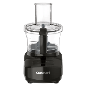 Cuisinart food processor with a black base, clear bowl, and a feed tube lid. Features an \“On\“ and \“Pulse\“ button.