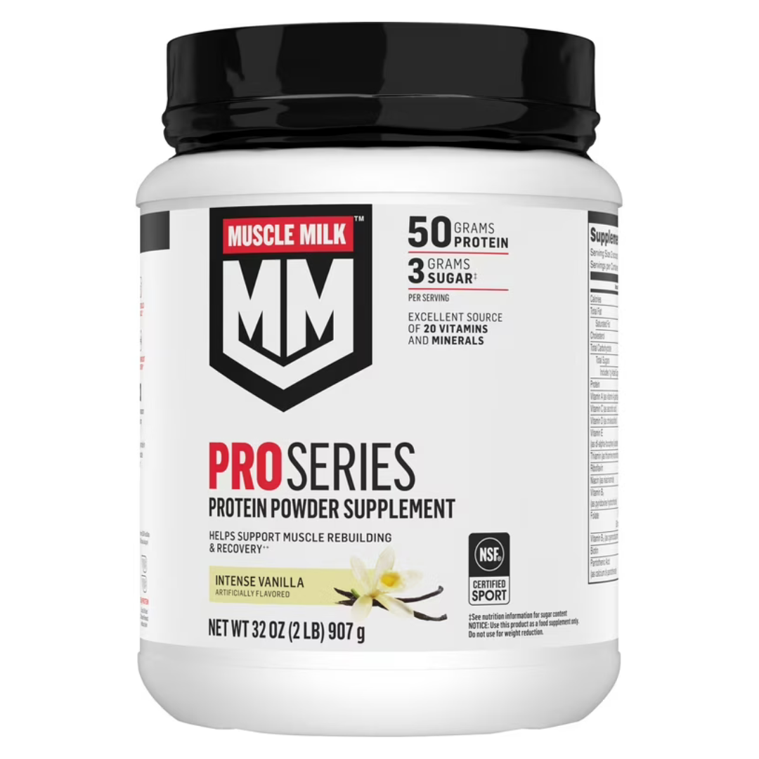 Muscle Milk Pro Series Protein Powder Supplement, Intense Vanilla, 32 oz (2 lb) with 50 grams of protein and 3 grams of sugar per serving.