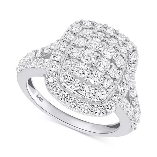 A sparkling 2-carat Forever Grown diamond ring featuring a rectangular cluster design with multiple rows of round diamonds set in sterling silver (stamped 925).