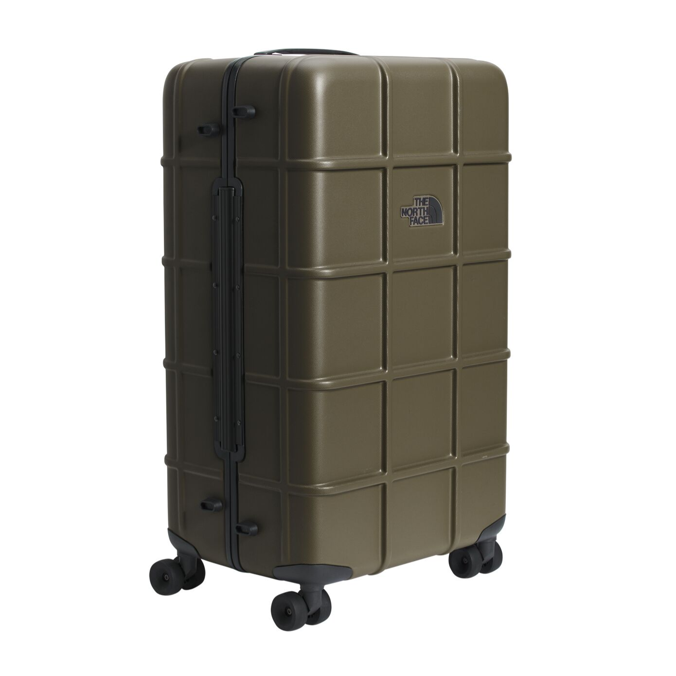 A rugged olive green suitcase with a grid pattern, featuring four swivel wheels and a side handle, branded by The North Face.