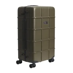 A rugged olive green suitcase with a grid pattern, featuring four swivel wheels and a side handle, branded by The North Face.