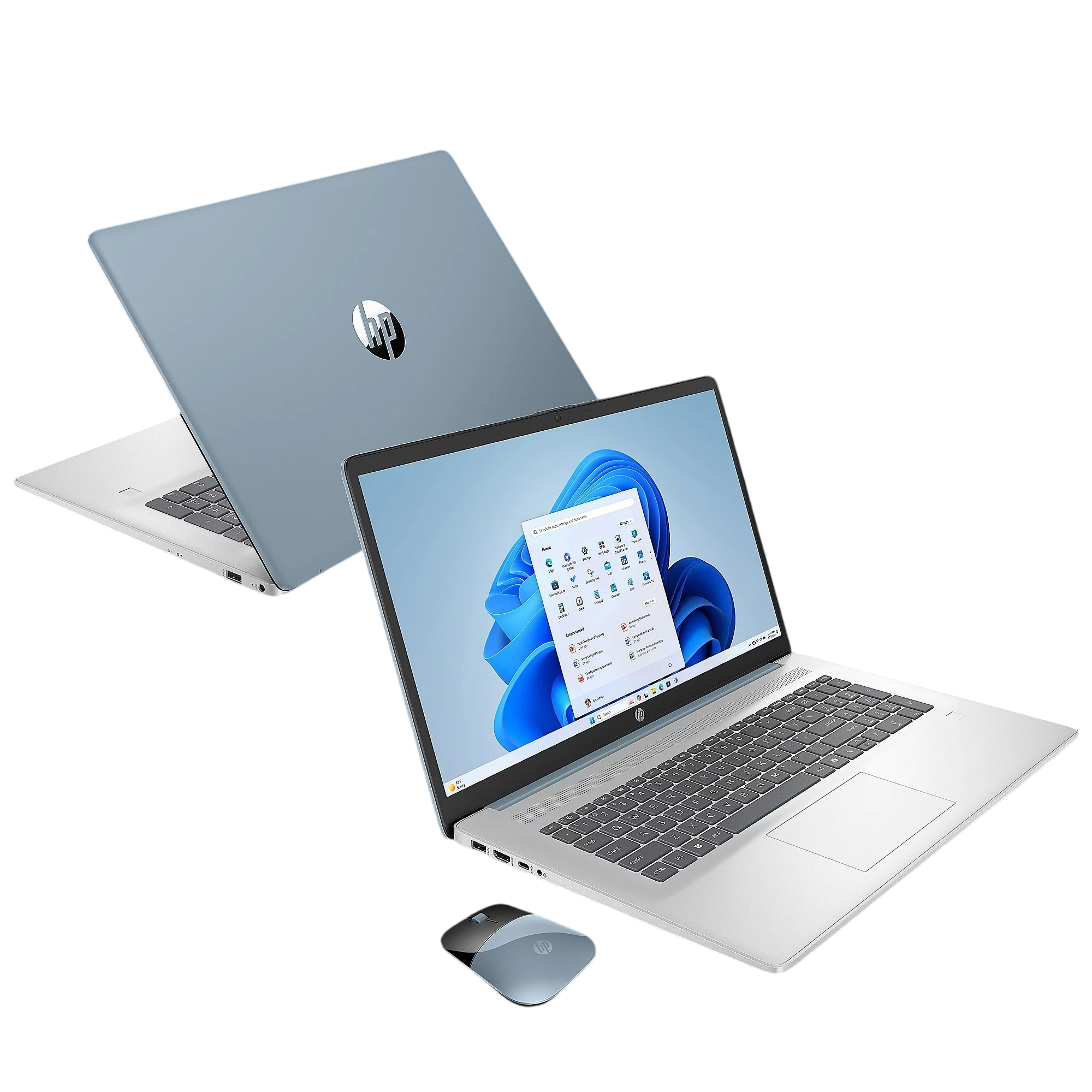 HP laptop with AMD Ryzen processor, running Windows 11, comes with a mouse and Microsoft 365 Personal subscription for one user.