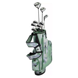 A set of golf clubs in a camouflaged bag, including irons, woods, and a putter.