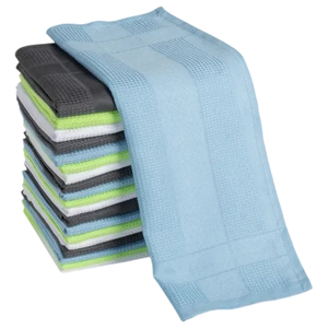 A stack of folded towels in various colors, including light blue, green, gray, and white, with one towel draped over the top.
