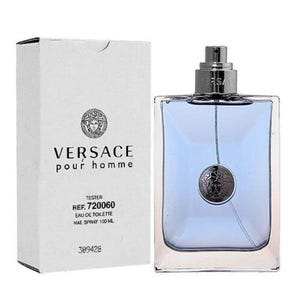 Versace Pour Homme Eau de Toilette 100 ml, with a tester label and reference number 720060, features a light blue fragrance in a clear bottle alongside a white box.