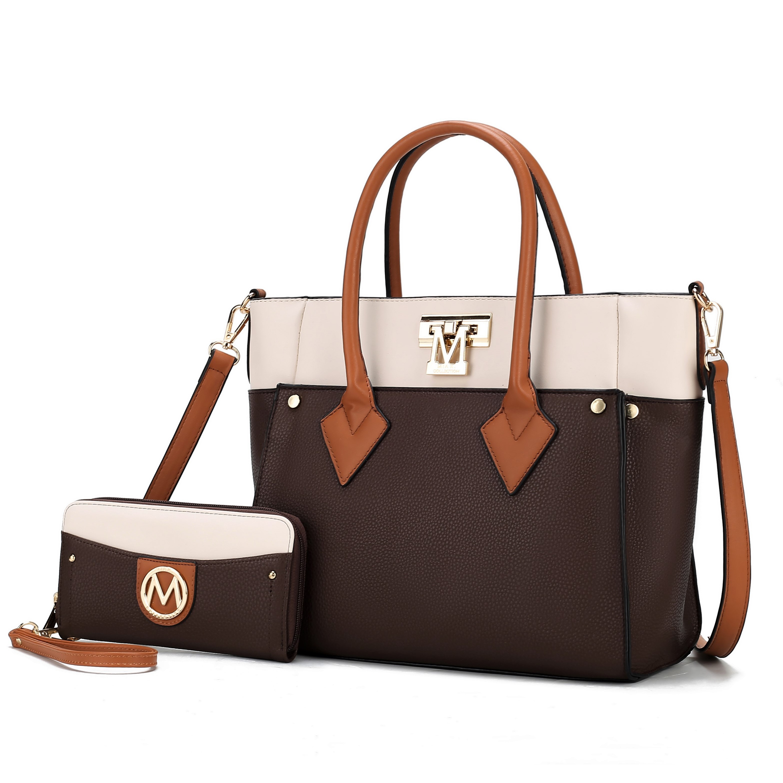A stylish two-tone handbag with a brown and beige color scheme, featuring an \“M\“ logo, and matching wallet. Brown handles and detachable strap included.