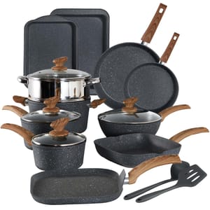 17-piece nonstick cookware set with granite finish and wood-like handles, includes frying pans, saucepans with lids, stockpot, steamer insert, grill pan, rectangular pans, and utensils. Perfect for versatile cooking needs.