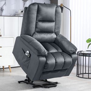 A black reclining lift chair with a tufted back, a thick padded seat, and armrests; it also features remote control on the side.