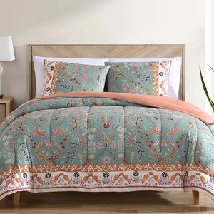 A 3-piece queen comforter set featuring a floral and bird pattern on a teal background with orange and white borders, including a comforter and two matching pillow shams.