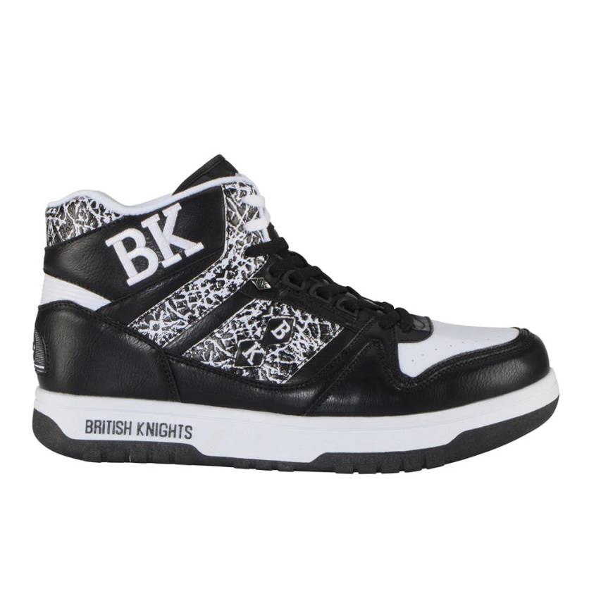 Black and white high-top sneakers from British Knights featuring a patterned side panel, \“BK\“ logo, and \“British Knights\“ on the midsole.