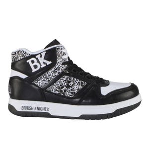 Black and white high-top sneakers from British Knights featuring a patterned side panel, \“BK\“ logo, and \“British Knights\“ on the midsole.
