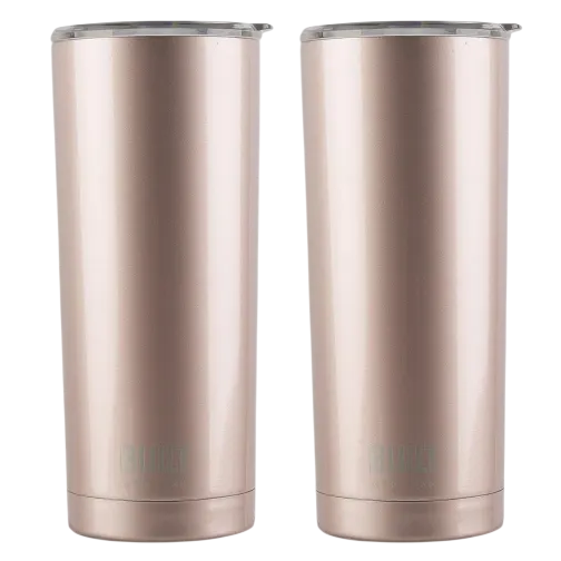 Two rose gold-colored stainless steel tumblers with clear lids, designed for hot or cold beverages.