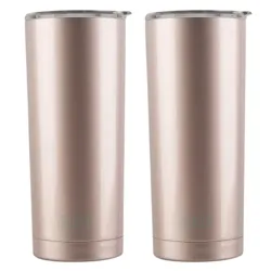 Two rose gold-colored stainless steel tumblers with clear lids, designed for hot or cold beverages.