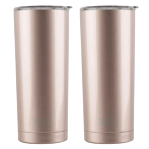 Two rose gold-colored stainless steel tumblers with clear lids, designed for hot or cold beverages.