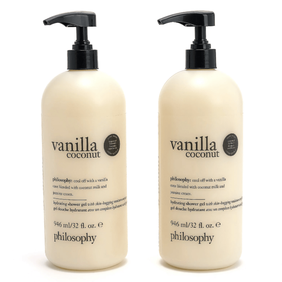 Two bottles of Philosophy Vanilla Coconut hydrating shower gel, 946 ml each, with pumps.