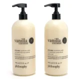 Two bottles of Philosophy Vanilla Coconut hydrating shower gel, 946 ml each, with pumps.