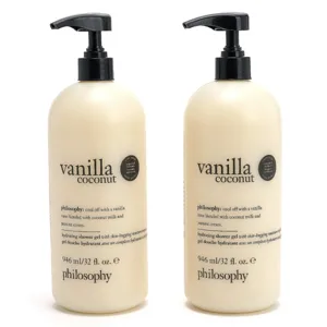 Two bottles of Philosophy Vanilla Coconut hydrating shower gel, 946 ml each, with pumps.
