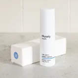 Musely FaceRx Anti-Aging Cream, targeting wrinkles, texture, pores, and acne, in a white cylindrical bottle with a blue stripe at the bottom, accompanied by a white box with a blue M logo.