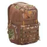 The image shows a 32L outdoor backpack with a camouflage design. It features multiple compartments, MOLLE webbing, side pockets, and adjustable straps, suitable for outdoor activities.