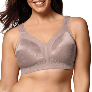 A beige women's bra with full coverage, floral pattern, and wide straps designed for support.