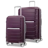 Two purple, hard-shell suitcases with silver handles and four wheels, designed for easy mobility and likely part of a luggage set.