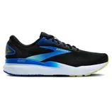 A black and blue Brooks Ghost running shoe with a white sole and green accents, featuring perforated detailing and the Brooks logo.