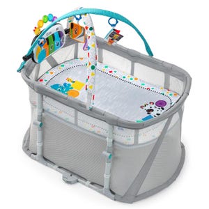The Baby Einstein Playard is a gray, oval-shaped playpen with mesh sides, featuring a colorful, patterned interior, toy bar with hanging toys, and engaging animal designs, suitable for infants.
