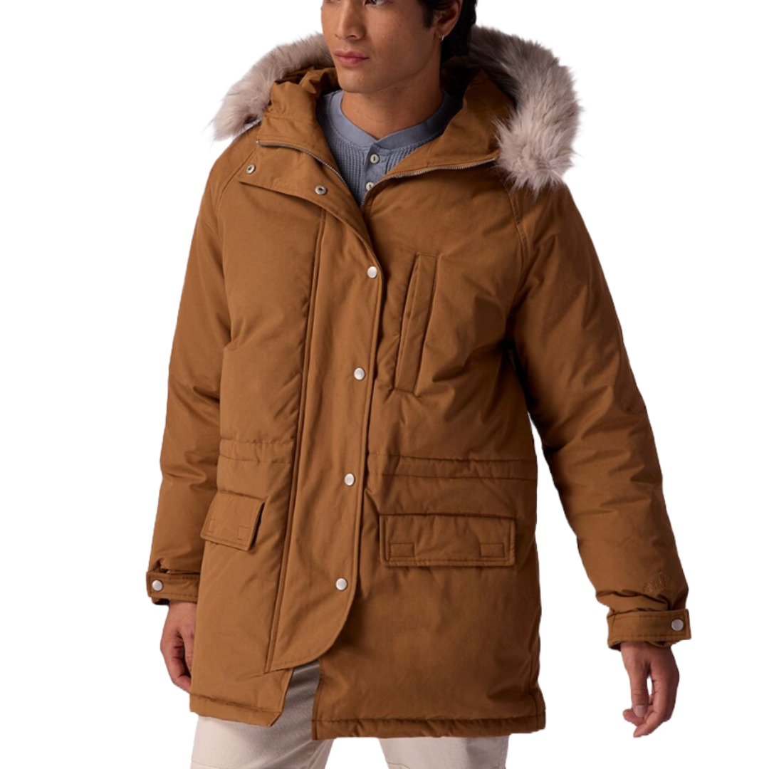 A brown parka with a fur-trimmed hood, button closure, and large front pockets. The jacket features a high collar and a slightly fitted design for warmth and style.
