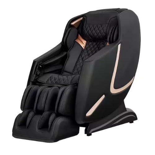 A black and gold massage chair with padded footrests, integrated armrests, and quilted back support.
