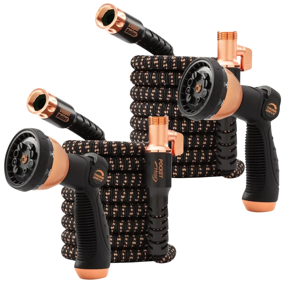 2-pack of expandable garden hoses with durable black and copper connectors, featuring a flexible, retractable design and ergonomic spray nozzles labeled \“Thumb Drive.\“
